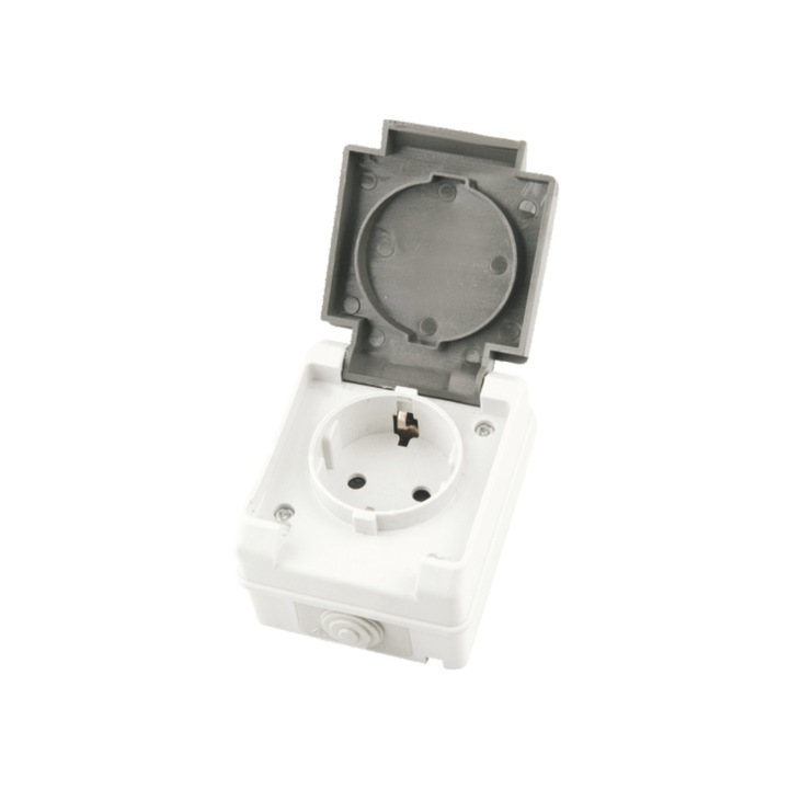 Priza simpla Electronin, PT, 16A, IP54, alb/gri