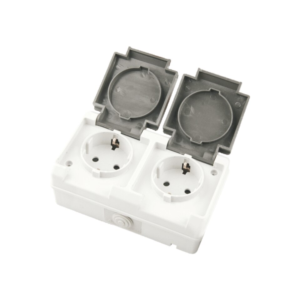 Priza dubla Electronin, PT, 16A, IP54, alb/gri