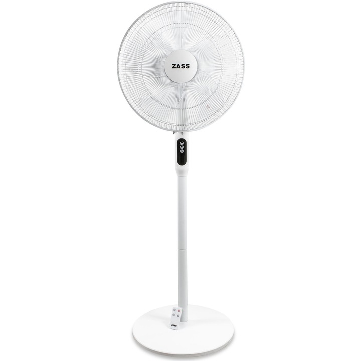 Zass ZFTRA 1608 Álló ventilátor, 55 W, 3 sebességfokozat, Oszcilláció, Csendes, Időzítő, Soft touch kezelőpanel, 3 beállítási mód, Állítható magasság, Távirányító, Fehér