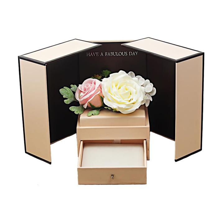 Caseta bijuterii cu sertar, cutie bijuterii pliabila, decorata cu 3 trandafiri de sapun