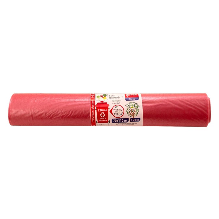 Szelektív gyűjtőzsák, Zorex, Háztartási szemét, 120L, piros, 10 db / tekercs
