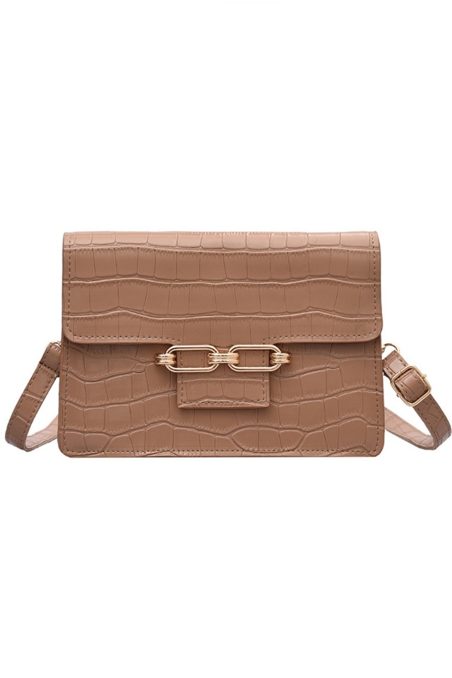 Geanta de dama Alison bej din piele ecologica lucioasa cu imprimeu crocodil, 22 x 16 x 7 cm