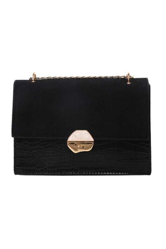 Geanta de dama Lesley neagra din piele ecologica tip piele de crocodil, 22 x 15 x 7 cm