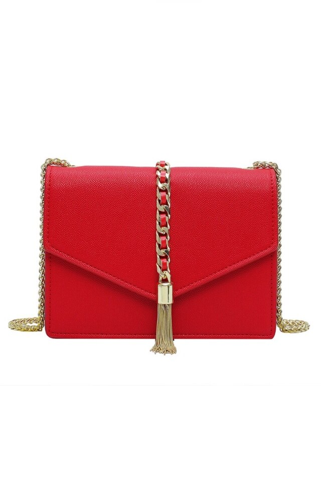 Geanta de dama Amelie rosie din piele ecologica cu lant metalic, 19 x 14 x 6 cm