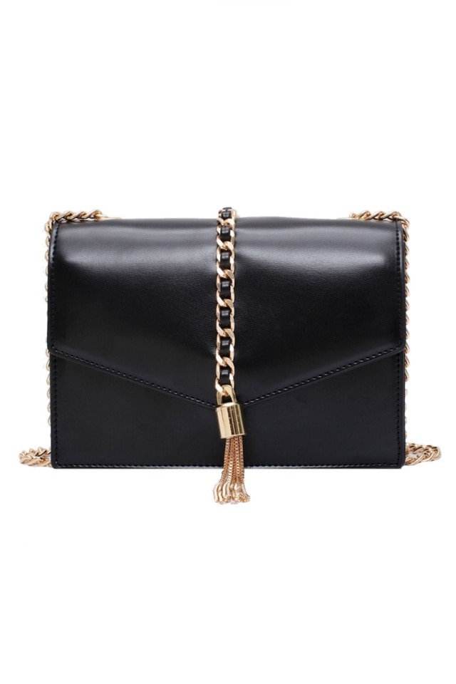 Geanta de dama Amelie neagra din piele ecologica cu lant metalic, 19 x 14 x 6 cm