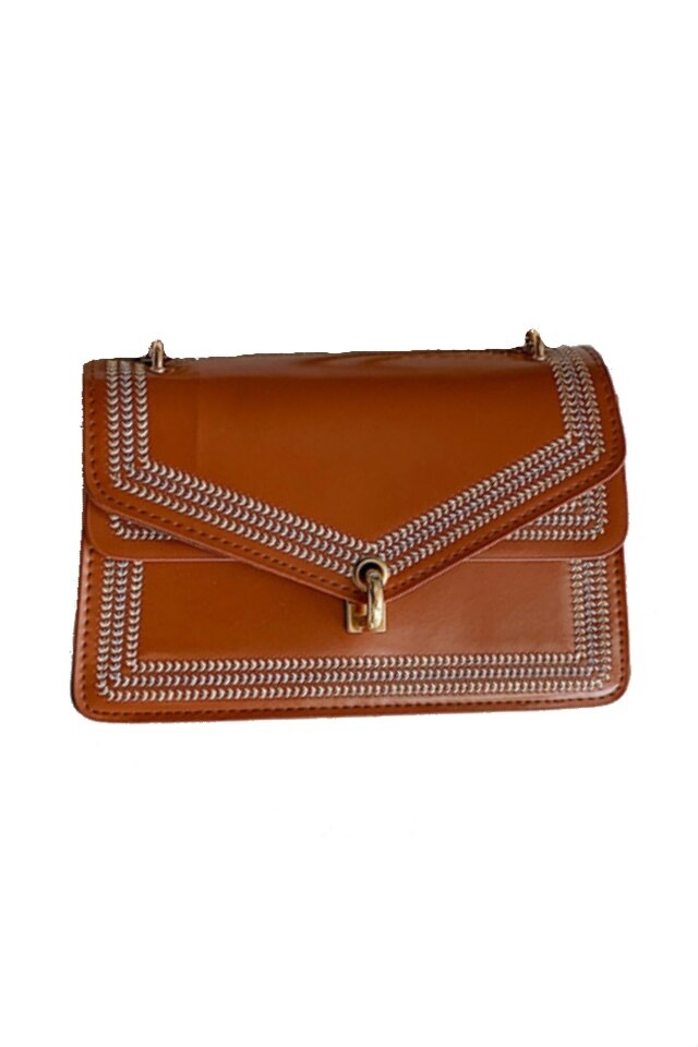 Geanta de dama Roxette maro din piele ecologica cu broderie, 21 x 14 x 7 cm