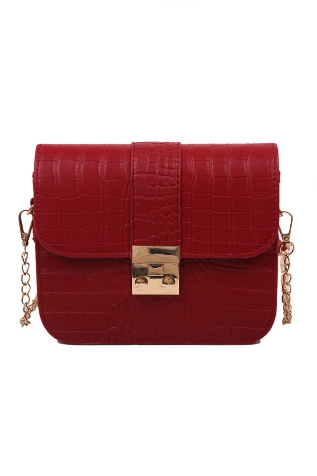 Geanta de dama Maggie rosie din piele ecologica tip piele de crocodil, 20 x 15 x 6 cm