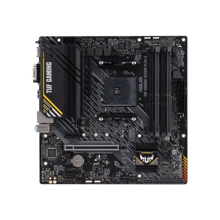 Дънна платка TUF Gaming A520M-Plus II distills essential elements of the latest AMD platform and combines them with game-ready features and proven durability. Engineered with military-grade components, an upgraded power solution and TUFGAMINGA520M-PLUSII