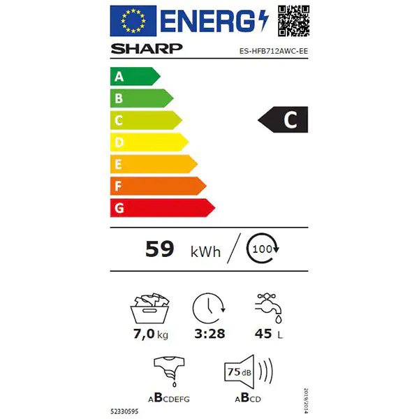 Masina de spalat rufe frontala SHARP ES-HFB712AWC-EE, Advanced Inverter, 7 kg, 1200 rpm, Clasa C, alb