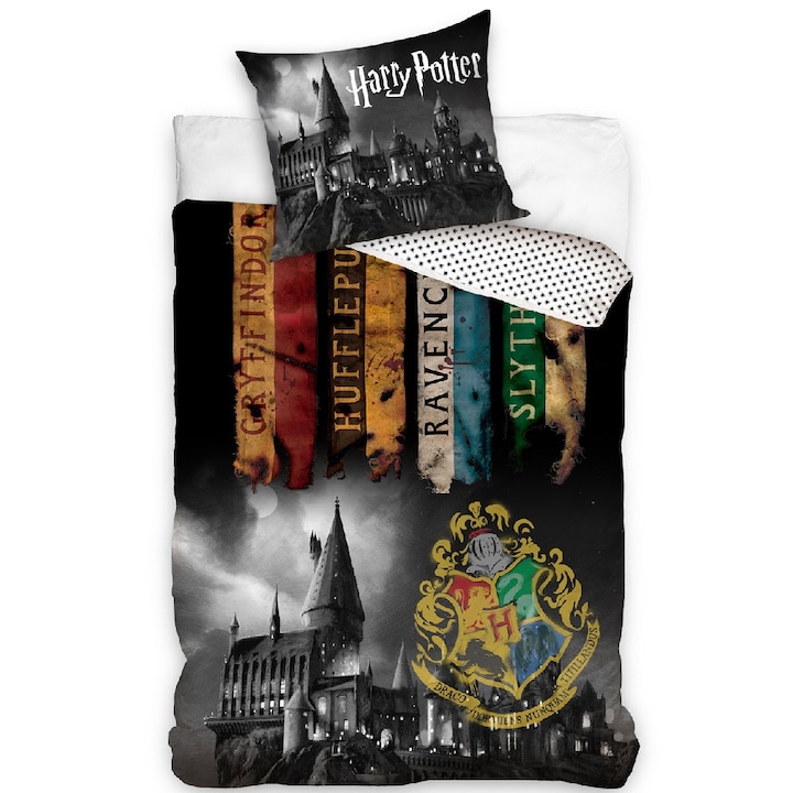 Harry Potter ágyneműhuzat - Roxforti házak (fekete)