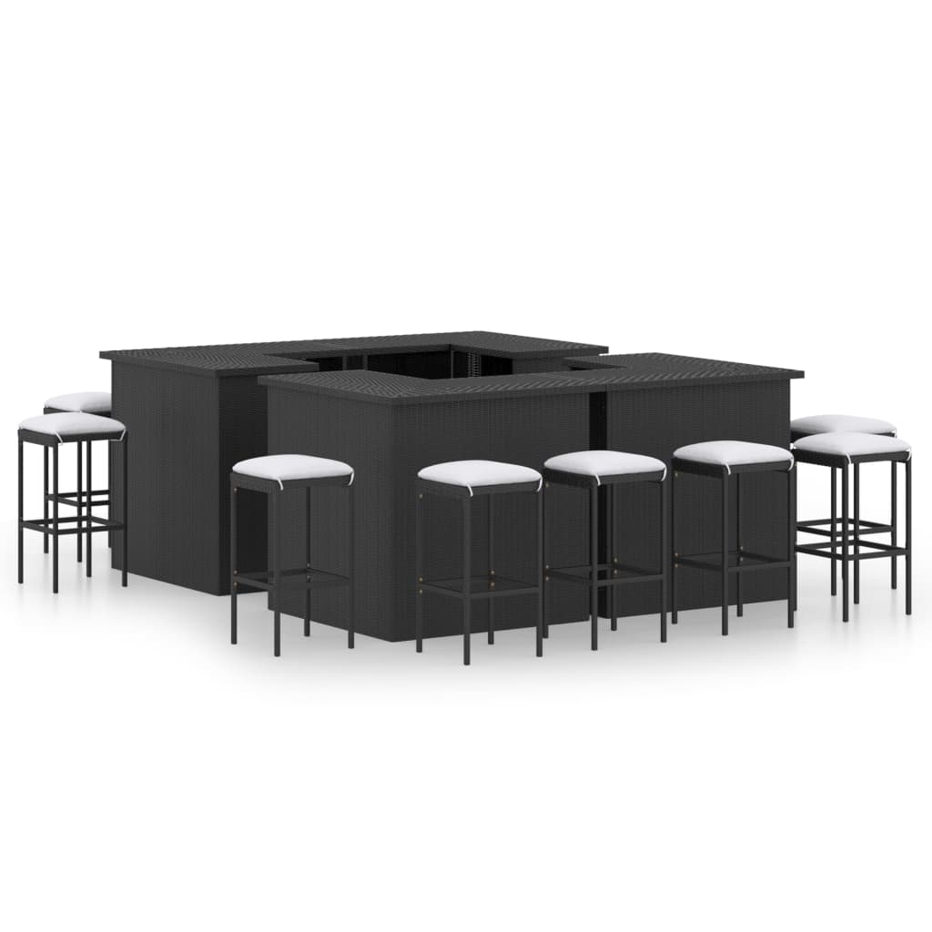 Set bar de gradina masa cu scaune 16 piese, vidaXL, Ratan-Otel-Poliester, Negru perne crem