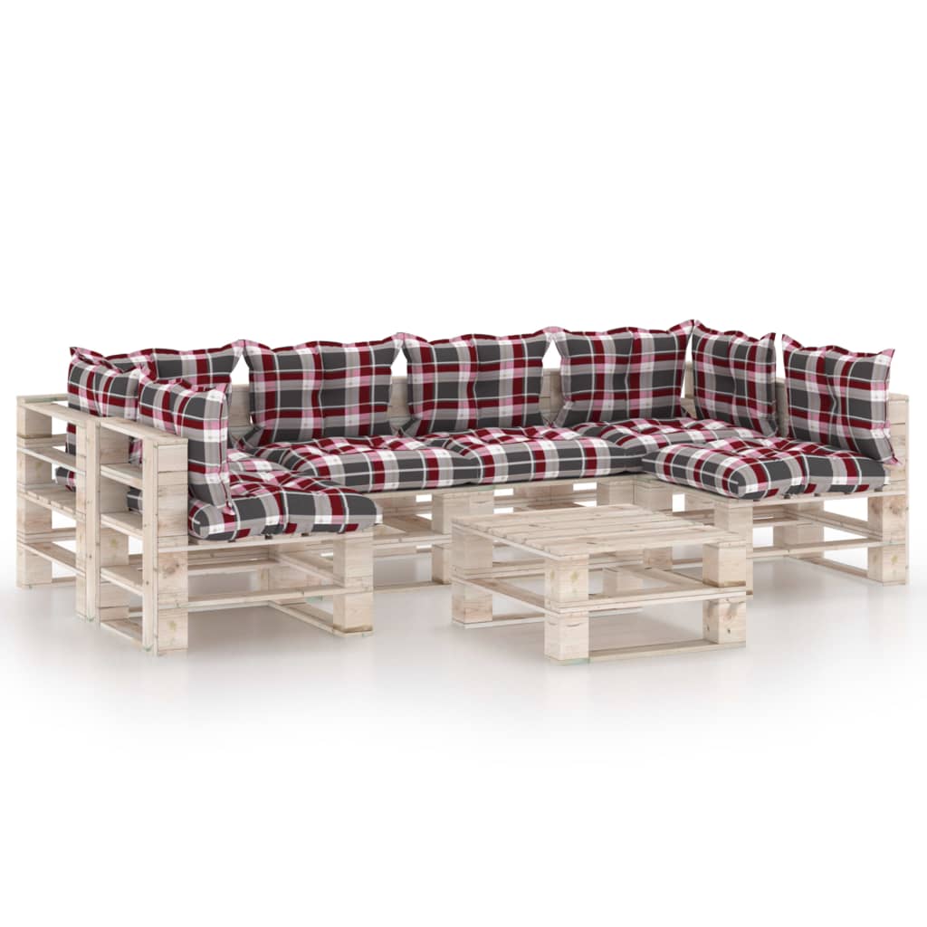 Set mobilier de gradina din paleti cu 7 piese cu perne cu model carouri, vidaXL, Lemn, 60 x 69.4 x 62 cm, Multicolour
