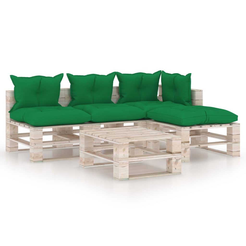 Mobilier de gradina din paleti cu 4 piese cu perne verzi cu masa, vidaXL, Lemn, 70 x 67.5 x 62 cm, Verde