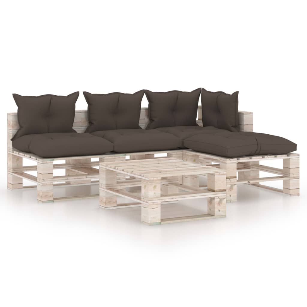 Mobilier de gradina din paleti cu 4 piese cu perne maro cu masa, vidaXL, Lemn, 70 x 67.5 x 62 cm, Maro