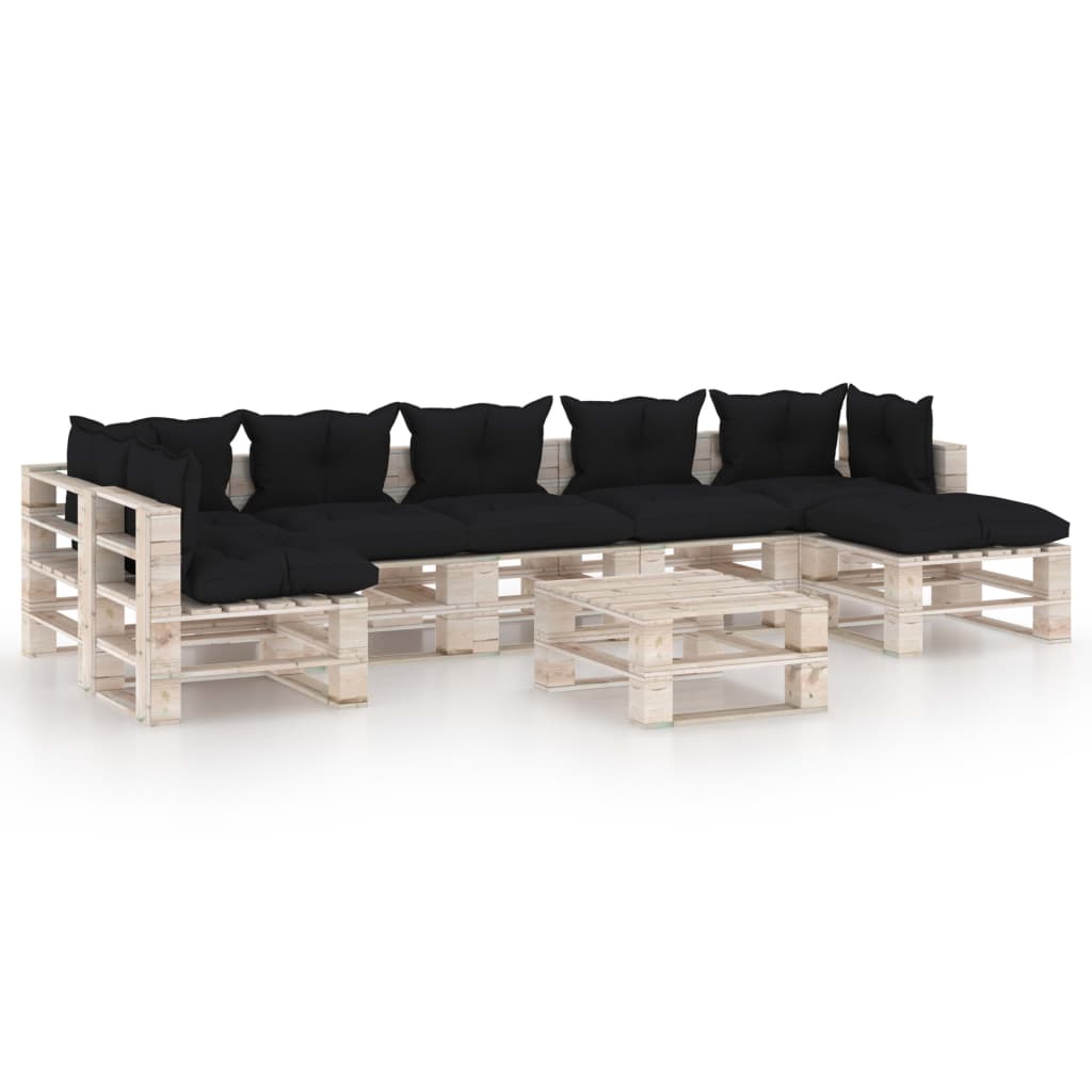 Set mobilier de gradina din paleti cu 8 piese cu perne colorate incluse, vidaXL, Lemn, 70 x 67.5 x 62 cm, Negru