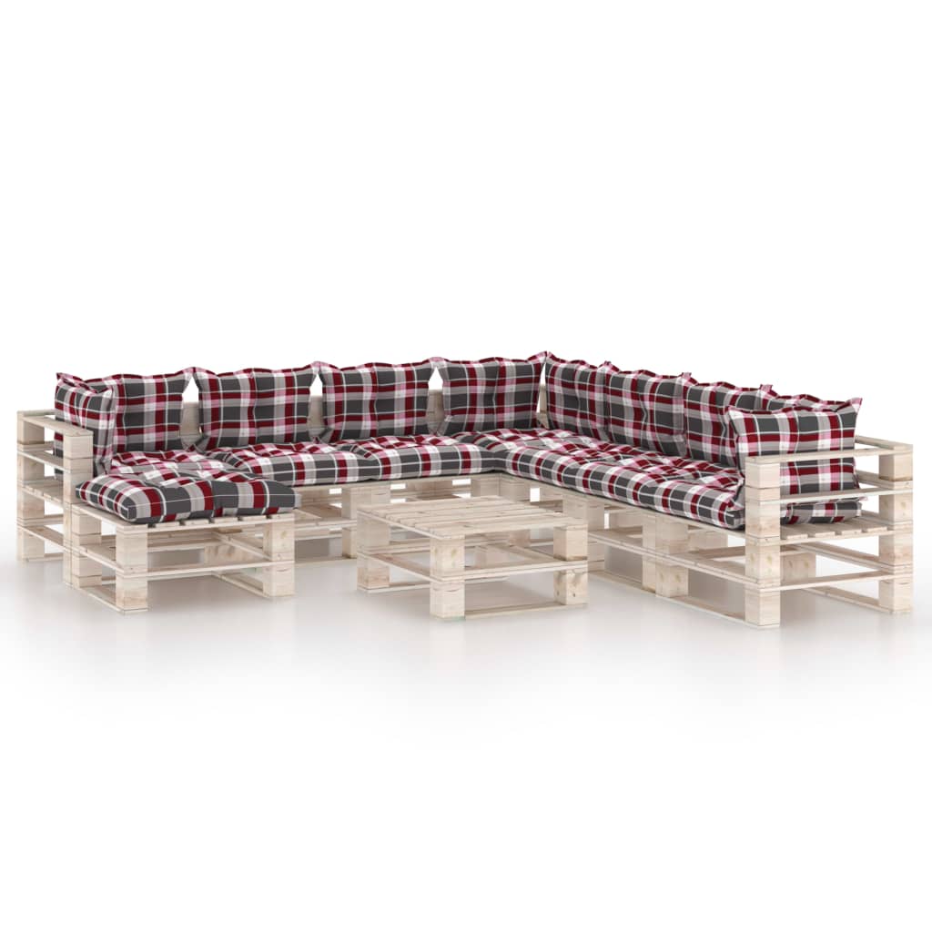 Mobilier de gradina din paleti cu 8 piese cu perne colorate, vidaXL, Lemn, 70 x 67.5 x 62 cm, Negru/Rosu