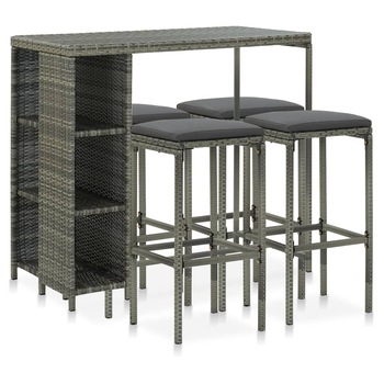 Set mobilier tip bar pentru gradina cu 1 masa si 4 scaune inalte cu perne, vidaXL, Poliratan, 120 x 60 x 110 cm, Gri Set mobilier tip bar pentru gradina cu 1 masa si 4 scaune inalte cu perne, vidaXL, Poliratan, 120 x 60 x 110 cm, Gri