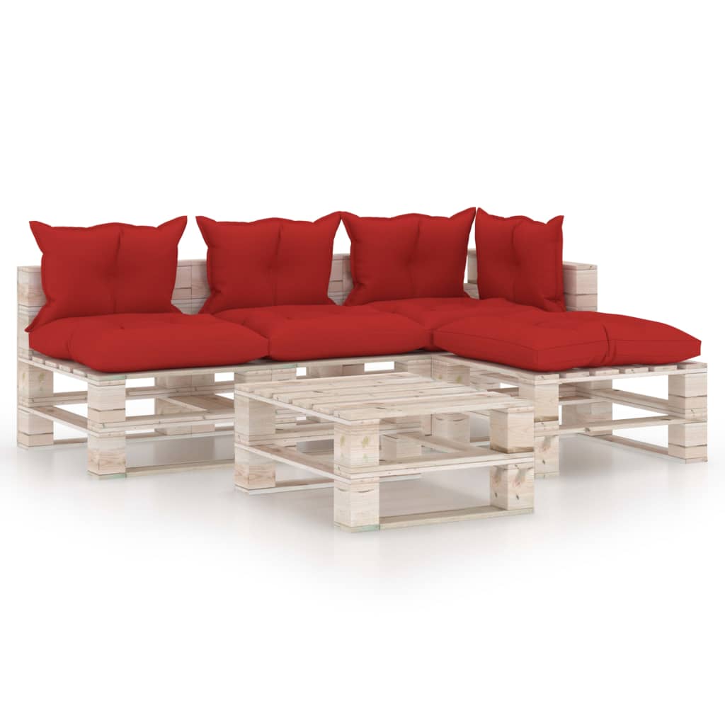 Mobilier de gradina din paleti cu 4 piese cu perne rosu inchis cu masa, vidaXL, Lemn, 70 x 67.5 x 62 cm, Rosu inchis