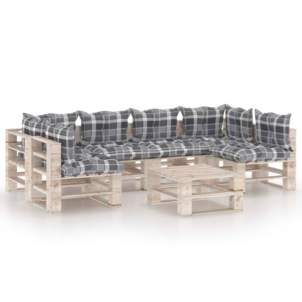 Set mobilier de gradina din paleti cu 7 piese cu perne cu model carouri, vidaXL, Lemn, 60 x 69.4 x 62 cm, Gri-Alb