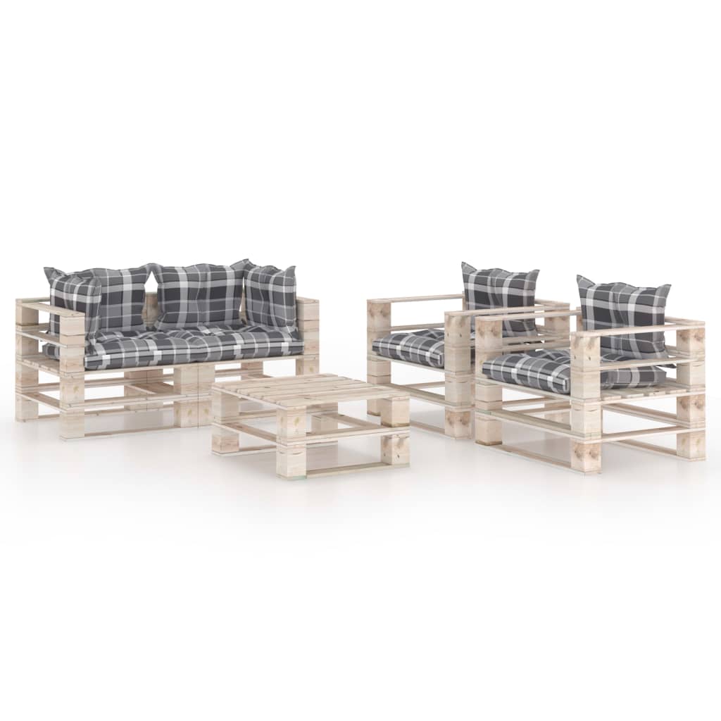 Set mobilier de gradina cu 2 fotolii, 2 canapele de colt cu perne si 1 masa din paleti, vidaXL, Lemn, 70 x 67.5 x 62 cm, Alb/Gri