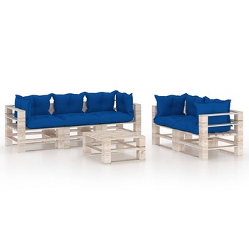 Set mobilier de gradina cu 5 corpuri de canapea cu perne si 1 masa din paleti, vidaXL, Lemn, 70 x 67.5 x 62 cm, Albastru