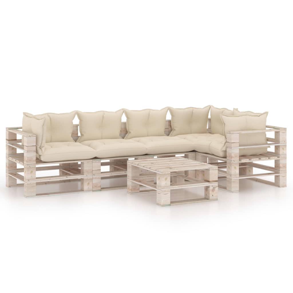 Set mobilier de gradina din paleti cu 6 piese cu 13 perne colorate incluse, vidaXL, Lemn, 70 x 67.5 x 62 cm, Crem