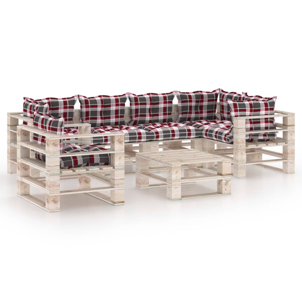 Set mobilier de gradina din paleti cu 7 piese cu perne cu model carouri, vidaXL, Lemn, 70 x 67.5 x 62 cm, Multicolor