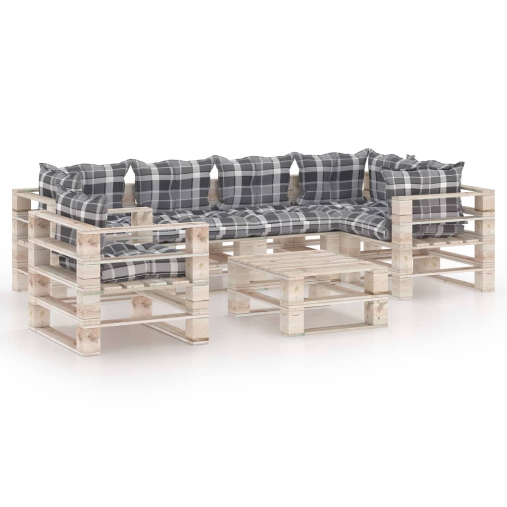 Set mobilier de gradina din paleti cu 6 piese cu perne colorate incluse, vidaXL, Lemn, 70 x 67.5 x 62 cm, Alb/Gri