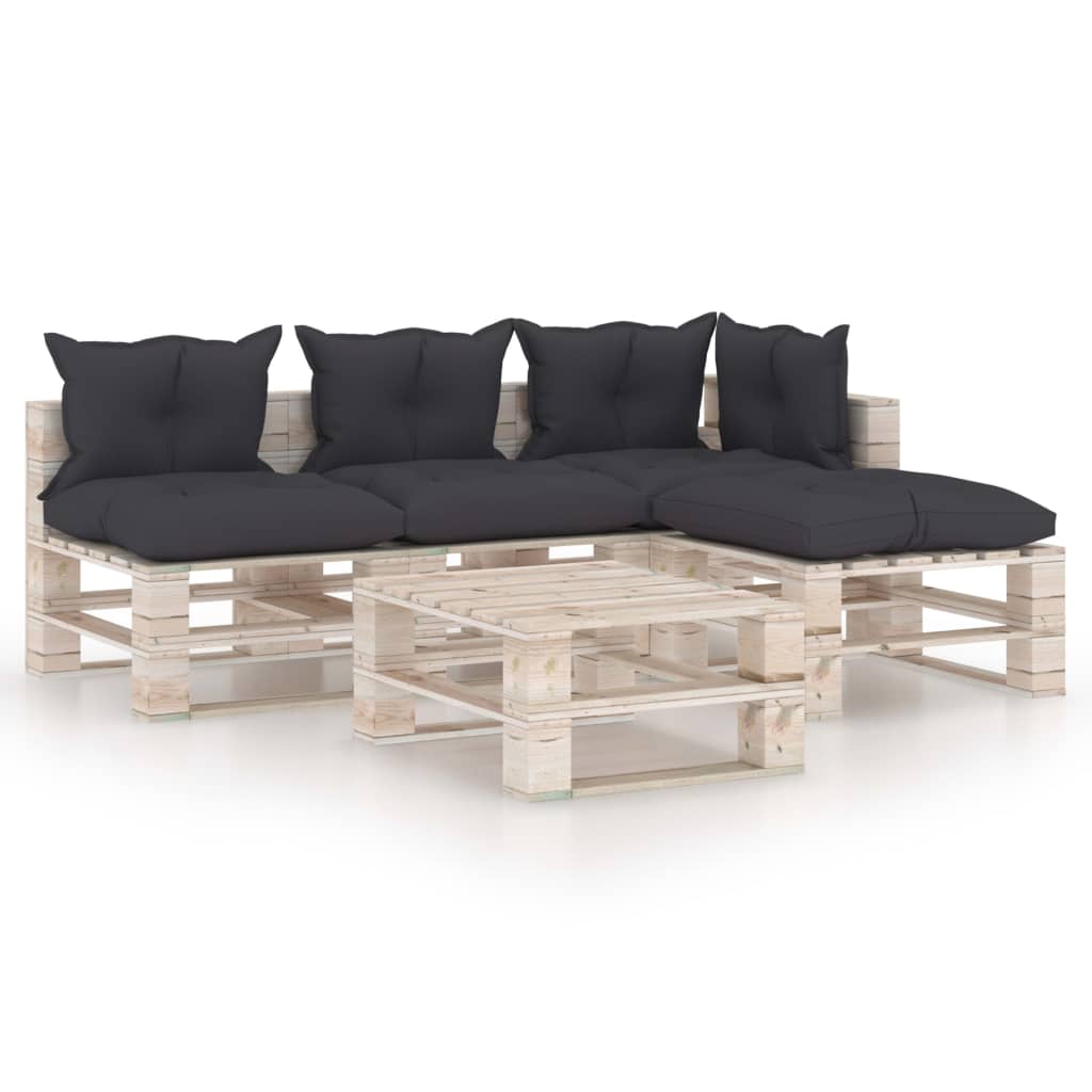 Mobilier de gradina din paleti cu 4 piese cu perne antracit cu masa, vidaXL, Lemn, 70 x 67.5 x 62 cm, Antracit