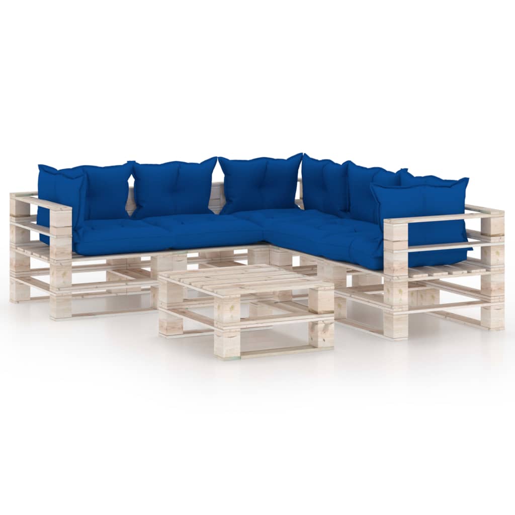 Set mobilier de gradina din paleti cu 6 piese cu perne colorate, vidaXL, Lemn, 60 x 69.4 x 62 cm, Albastru