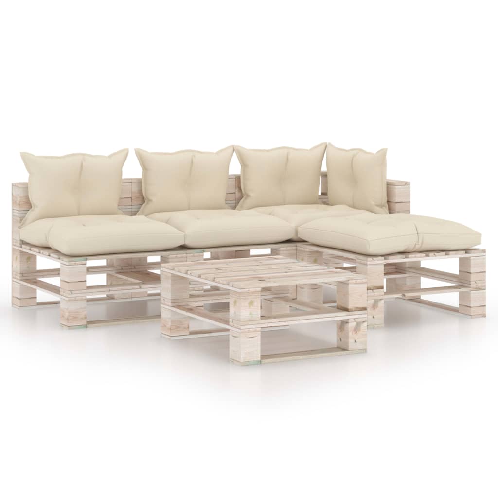 Mobilier de gradina din paleti cu 4 piese cu perne crem cu masa, vidaXL, Lemn, 70 x 67.5 x 62 cm, Crem