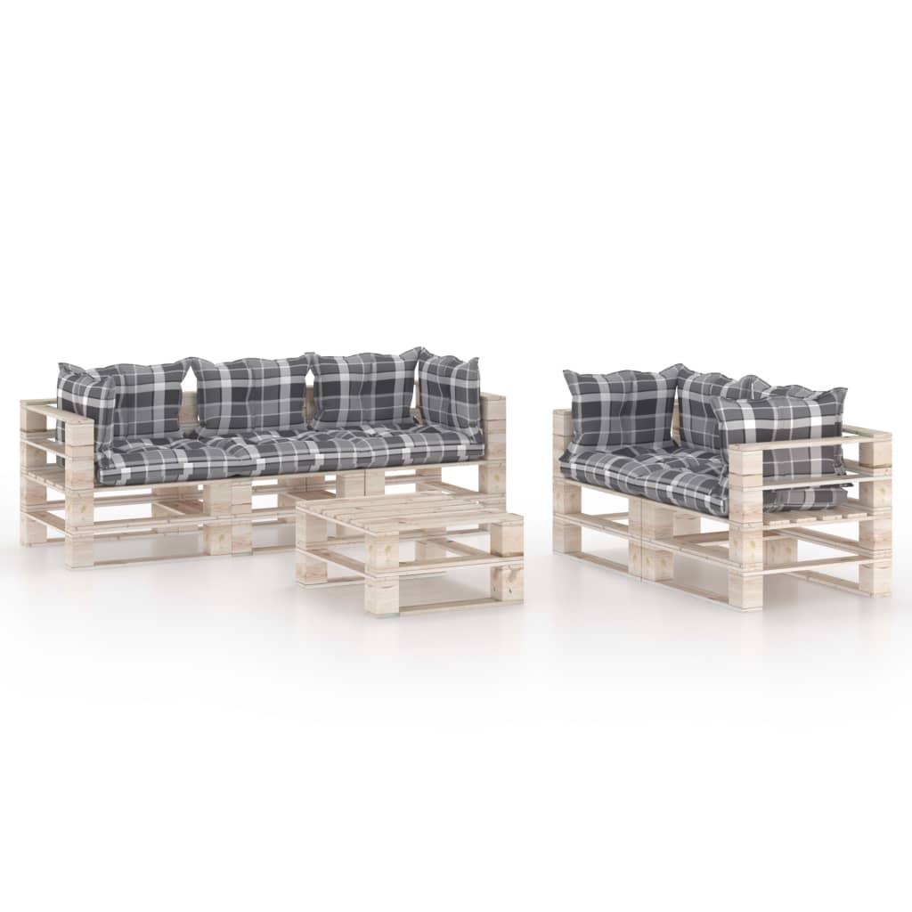 Set mobilier de gradina din paleti cu 6 piese cu perne cu model incluse, vidaXL, Lemn, 70 x 67.5 x 62 cm, Gri/Alb