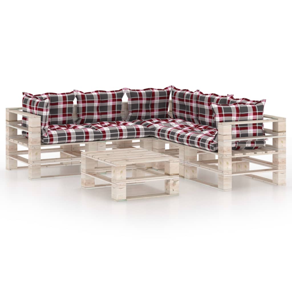Set mobilier de gradina din paleti cu 1 masa si 5 canapele cu perne colorate, vidaXL, Lemn, 70 x 67.5 x 62 cm, Multicolor