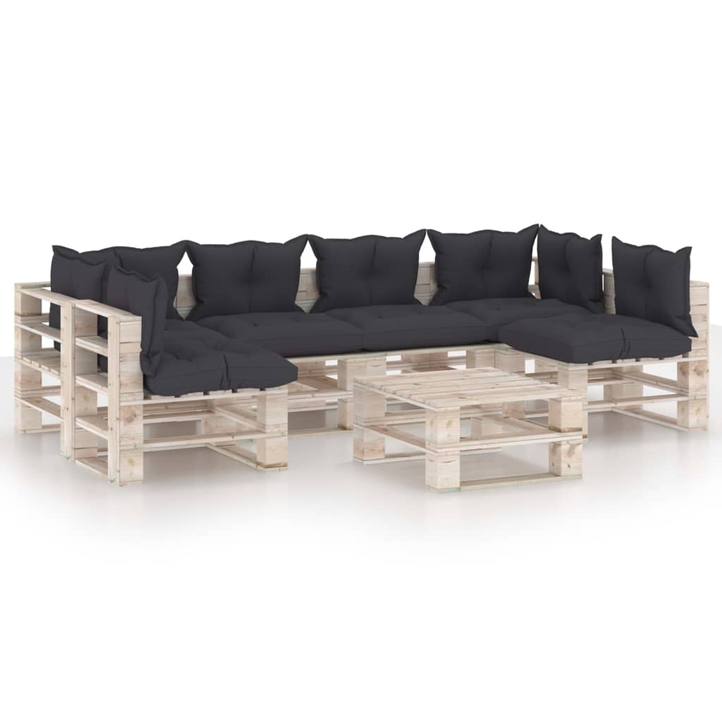 Set mobilier de gradina din paleti cu 1 masa si 6 canapele cu perne, vidaXL, Lemn, 70 x 67.5 x 62 cm, Gri antracit