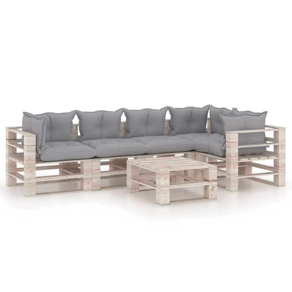 Set mobilier de gradina din paleti cu 6 piese cu perne vidaXL, Lemn, Gri deschis