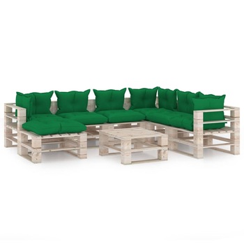 Set mobilier de gradina din paleti cu 1 masa, 1 taburet si 6 canapele cu perne, vidaXL, Lemn, 70 x 67.5 x 62 cm, Verde