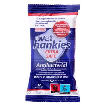 Servetele umede antibacteriene Wet Hankies Extra Safe, 12 buc Servetele umede antibacteriene Wet Hankies Extra Safe, 12 buc