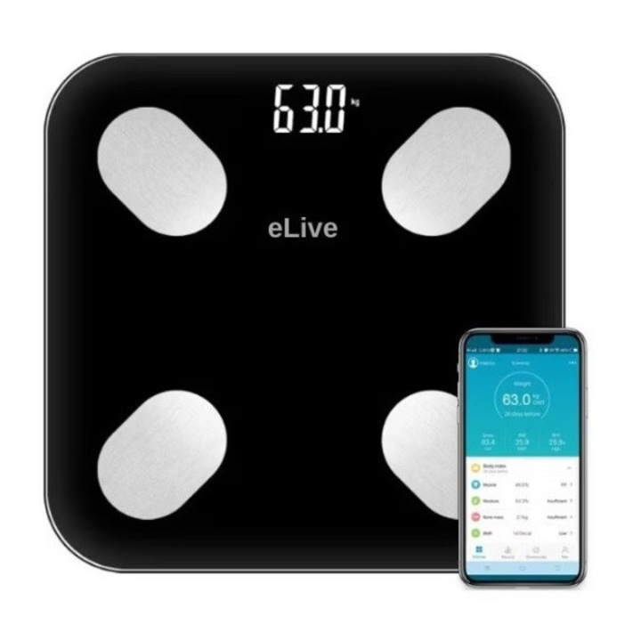 Интелигентна телесна везна eLIVE F19-B, Bluetooth, 18 функции за измерване, осветен дисплей, 8 души могат да бъдат спасени, защитено стъкло, съвместим с Apple Health, Google Fit и FitBit, 180 кг, черен