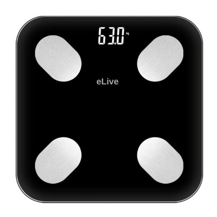 Cantar Corporal Inteligent eLIVE F19-B, Bluetooth, 18 Functii de Masurare, Afisaj Iluminat, 8 Persoane pot fi salvate, Sticla Securizata, Compatibil Apple Health, Google Fit si FitBit, 180 Kg, Negru