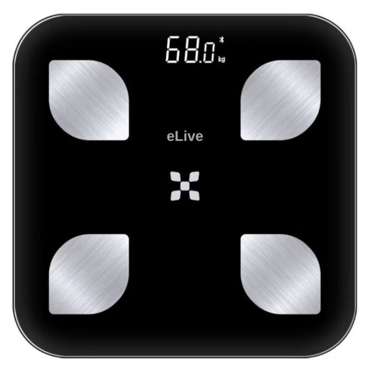 Cantar Corporal Inteligent eLIVE F38-B, Bluetooth, 18 Functii de Masurare, Afisaj Iluminat, 8 Persoane pot fi salvate, Sticla Securizata, Compatibil Apple Health, Google Fit si FitBit, 180 Kg, Negru