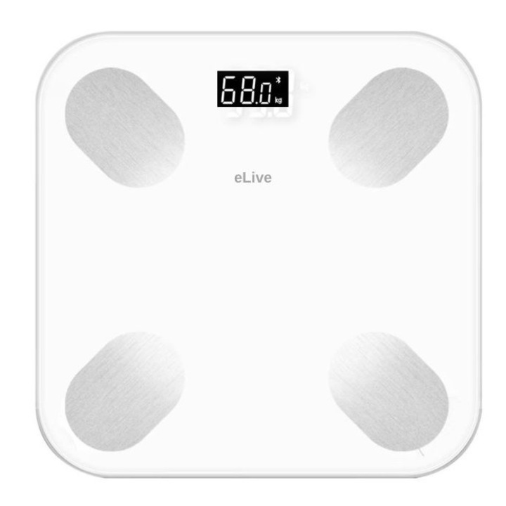 Cantar Corporal Inteligent eLIVE F19-W, Bluetooth, 18 Functii de Masurare, Afisaj Iluminat, 8 Persoane Pot fi Salvate, Sticla Securizata, Sincronizare Compatibila Apple Health, Google Fit si FitBit, 180 Kg, Alb