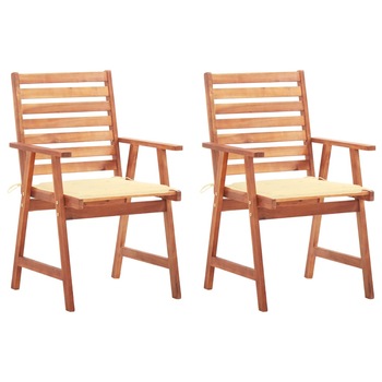 Set de 2 scaune de exterior/gradina cu perna vidaXL, Lemn de acacia, 56 x 62 x 92 cm, Maro/Crem
