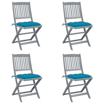 Set de 4 scaune pliabile de exterior cu perna colorata vidaXL, Lemn de acacia, 48.5 x 57 x 91 cm, Gri/Albastru deschis