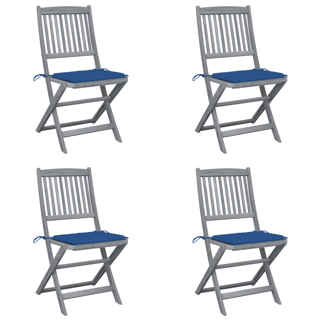 Set de 4 scaune pliabile de exterior vidaXL, Lemn de acacia-Poliester, 48,5 x 57 x 91 cm, Gri-Perne albastru regal