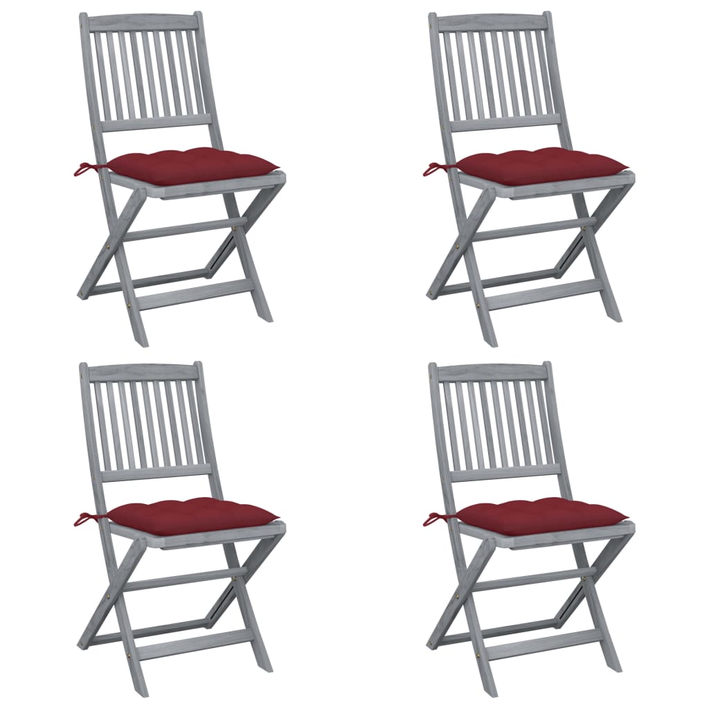 Set de 4 scaune pliabile de gradina, cu perne de sezut, vidaXL, Lemn de acacia, 48.5 x 57 x 91 cm, 7 cm, Gri/Grena