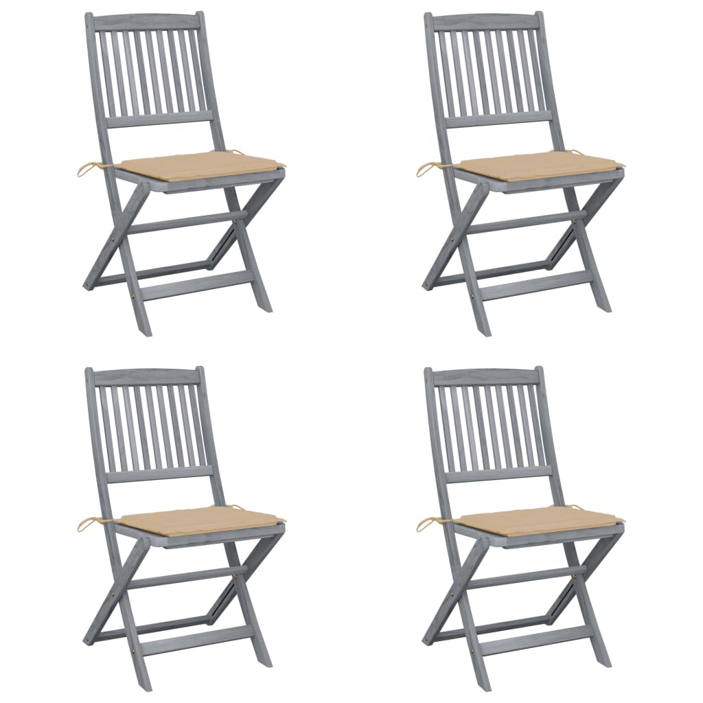 Set de 4 scaune pliabile de exterior vidaXL, Lemn de acacia-Poliester, 48,5 x 57 x 91 cm, Gri-Perne bej