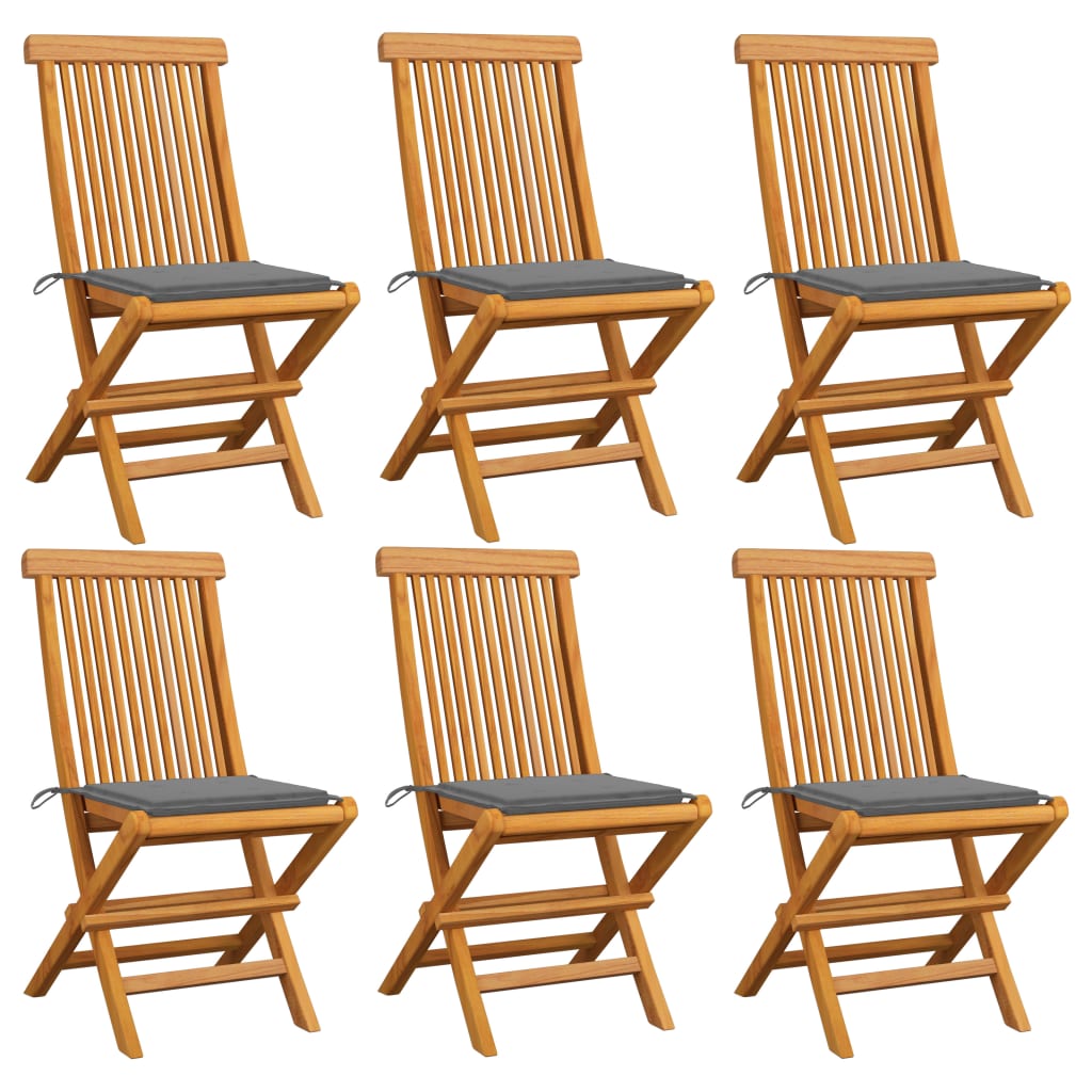 Set Scaune de gradina cu perne, 6 buc, gri, lemn masiv de tec