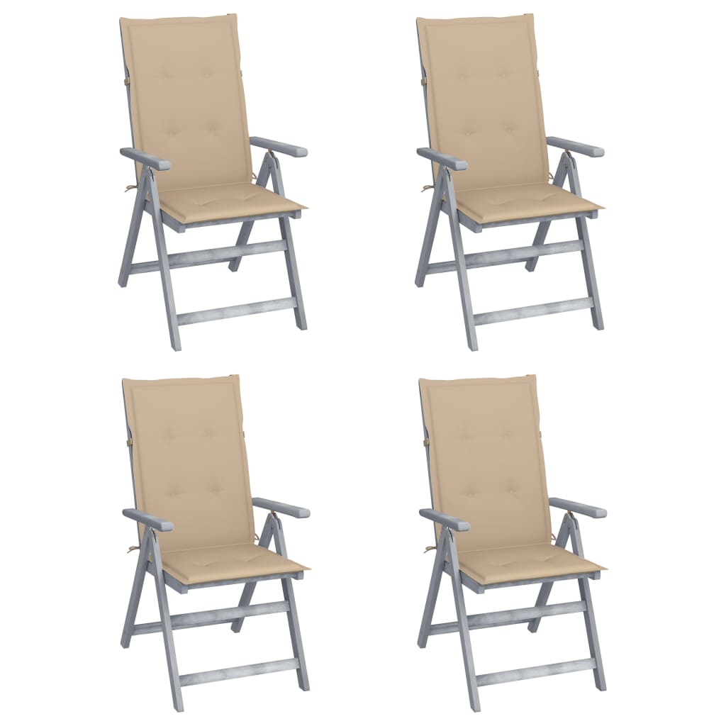 Set de 4 scaune rabatabile de gradina cu perna vidaXL, Lemn de acacia, 57 x 69 x 111 cm, Gri/Bej