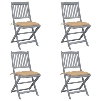 Set de 4 scaune pliabile de gradina, cu perne de sezut, vidaXL, Lemn de acacia, 48.5 x 57 x 91 cm, 7 cm, Gri/Bej Set de 4 scaune pliabile de gradina, cu perne de sezut, vidaXL, Lemn de acacia, 48.5 x 57 x 91 cm, 7 cm, Gri/Bej