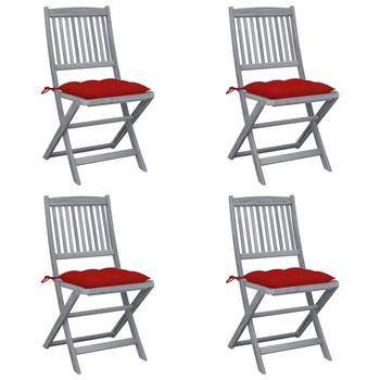 Set de 4 scaune pliabile de exterior cu perna colorata vidaXL, Lemn de acacia, 48.5 x 57 x 91 cm, Gri/Rosu